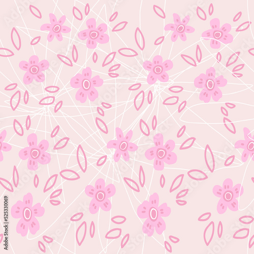 Hand drawn white line geometric doodle, pink pastel seamless wallpaper. Cute vector flowers, petals pattern for paper, fabric textile, home, children.