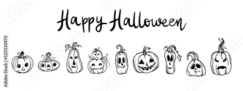 Set of hand drawn pumpkins for Halloween. Handwritten text Halloween, death or treat and happy halloween. Halloween vector illustration.