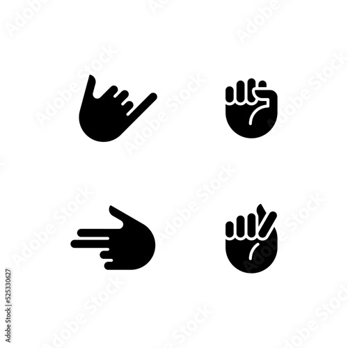 Friendly and aggressive gestures black glyph icons set on white space. Informative hand positions. Body language. Silhouette symbols. Solid pictogram pack. Vector isolated illustration