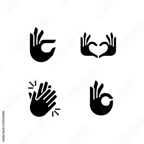 Body language signals black glyph icons set on white space. Hands gestures and emotion expression. Communication. Silhouette symbols. Solid pictogram pack. Vector isolated illustration