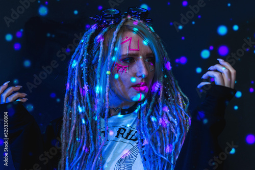 Cyber       girl in neon in cyberpunk style