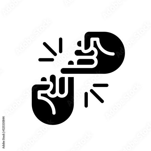 Pinky promise black glyph icon. Hands hooking little fingers. Friendship and love gesture. Body language. Silhouette symbol on white space. Solid pictogram. Vector isolated illustration