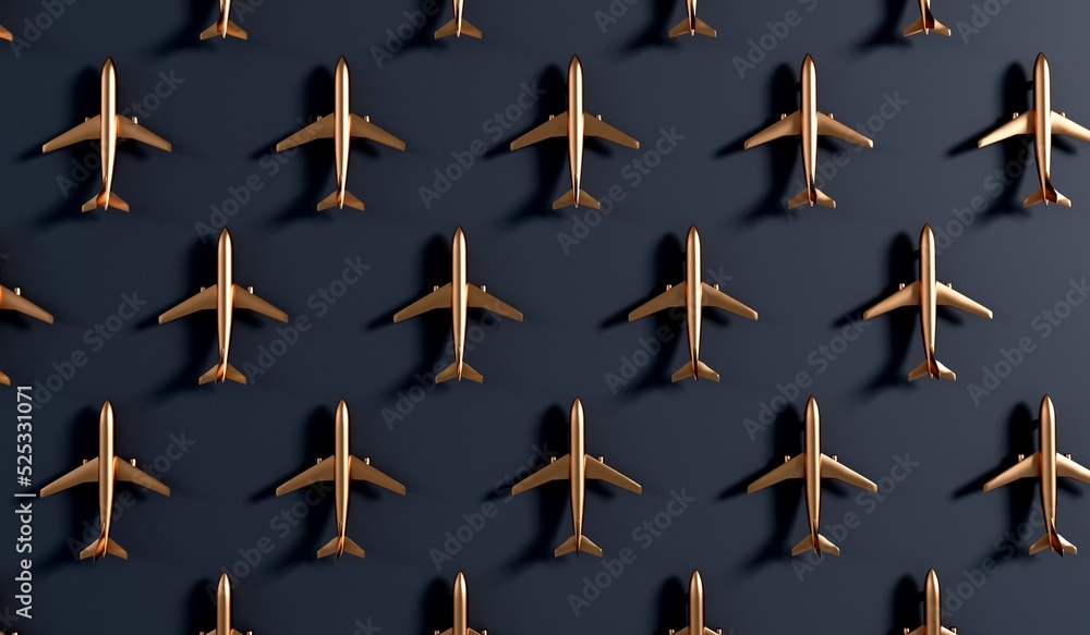 Luxury gold airplane against a dark background. VIP travel concept. 3D Rendering Luxury gold airplane against a dark background. VIP travel concept. 3D Rendering