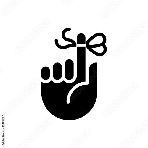 Knot on finger for memory black glyph icon. Rope tied around pointer. Funny tradition. Hand gesture. Silhouette symbol on white space. Solid pictogram. Vector isolated illustration