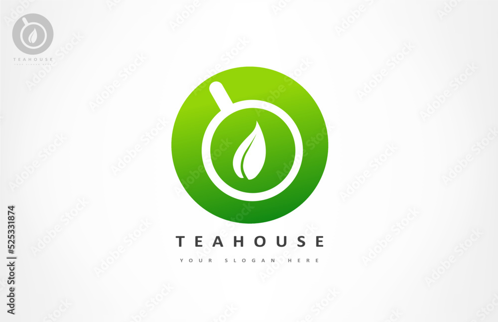Cup with tea and saucer and tea leaf logo vector. Teahouse cafe design. Cup with tea and saucer and tea leaf logo vector. Teahouse cafe design.
