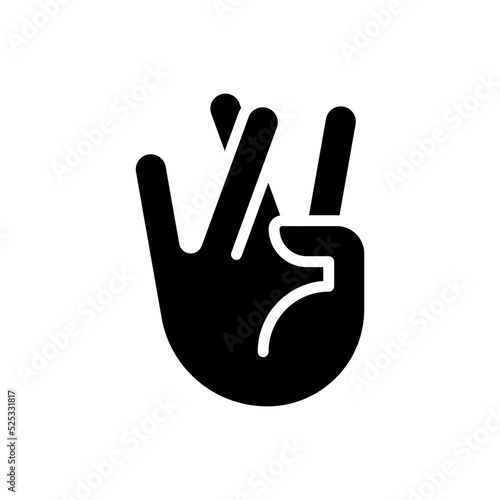 Praying for good luck black glyph icon. Crossed ring and middle fingers. Traditional hand gesture. Positive sign. Silhouette symbol on white space. Solid pictogram. Vector isolated illustration