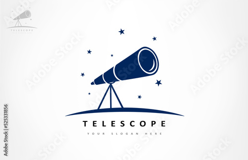 Telescope, night sky and stars logo vector. Astronomy design.