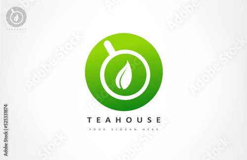 Cup with tea and saucer and tea leaf logo vector. Teahouse cafe design.