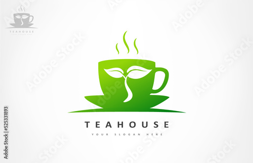 Cup with tea and saucer and tea leaf logo vector. Teahouse cafe design.