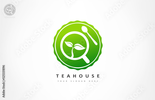 Cup with tea and saucer and tea leaf logo vector. Teahouse cafe design.