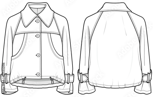 women collared raglan long sleeve winter blouse with kangaroo pocket Front and Back View. Fashion Illustration, Vector, CAD, Technical Drawing, Flat Drawing, Template, Mockup.	