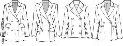 Women Longline Blazer, Double Breasted Blazer  Sets Fashion Illustration, Vector, CAD, Technical Drawing, Flat Drawing, Template, Mockup.	