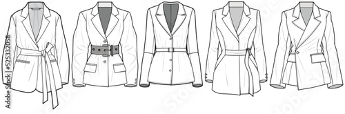 Tight Waist Side Button Blazer, Waist Knot Belt Blazer Sets Fashion Illustration, Vector, CAD, Technical Drawing, Flat Drawing, Template, Mockup.