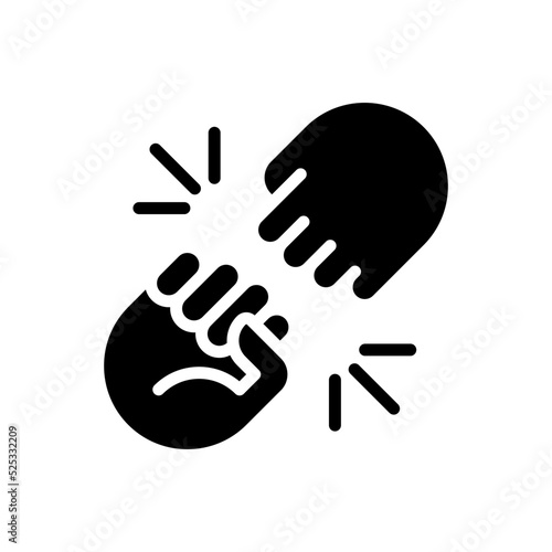 Fist bump sign black glyph icon. Funny greeting gesture. Communication process. Body language expression. Silhouette symbol on white space. Solid pictogram. Vector isolated illustration