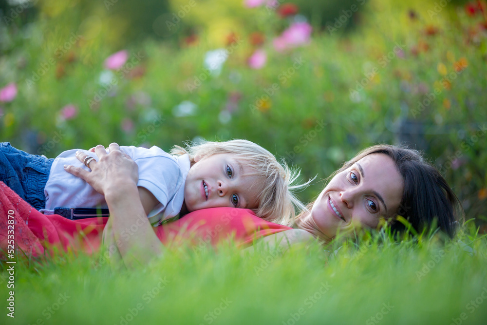 Mother and cute blond child, boy, lying in the grass, hugging and enjoying a tender moment between Mother and cute blond child, boy, lying in the grass, hugging and enjoying a tender moment between