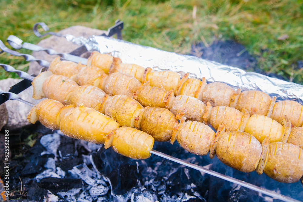 Whole potatoes in a rustic way on skewers. A delicious snack for a summer party with an outdoor barbecue or a picnic.Homemade food. Vegetarianism. Whole potatoes in a rustic way on skewers. A delicious snack for a summer party with an outdoor barbecue or a picnic.Homemade food. Vegetarianism.