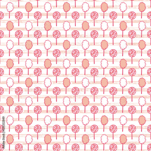 Sweet Food Vector Background. Hand Drawn Doodle Cotton Candy and Lollipop Seamless pattern