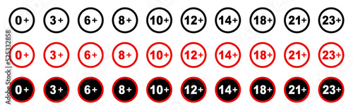 Age restriction signs. Set of age restriction signs. Adults content only age restriction 12, 14, 16, 18, 21, 23 plus years old icon. Sensitive content age plus and adults only concept symbols.