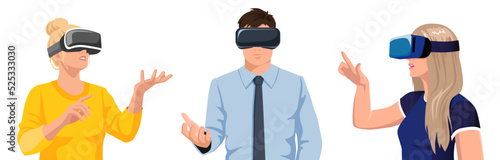 Young man, woman, girl, students enjoy of meta verse education in vr glasses. Set of people in virtual reality headset gaming in 3d space. Digital technologies for entertainment. Vector illustration