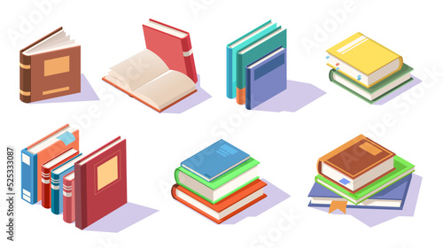 Set of isometric library books icons. Open book, stack of books. School textbook, collection education dictionary, university literature bookstore. 3d isolated on white background. Vector illustration
