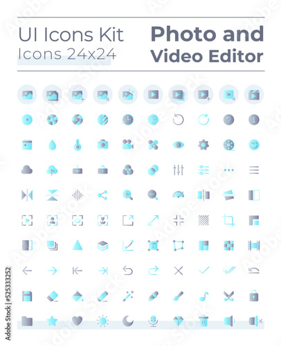 Photo and video editor tools flat gradient color ui icons set. Multimedia adjustment. Digital program. Vector isolated RGB pictograms. GUI, UX design for web, mobile. Montserrat Bold, Light fonts used