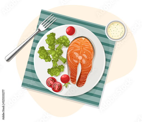 Plate of dish, fried salmon, trout fish with broccoli, tomatoes cherry. Mediterranean dinner meal, popular healthy lunch. Traditional tasty menu served napkin, fork. Isolated flat vector illustration