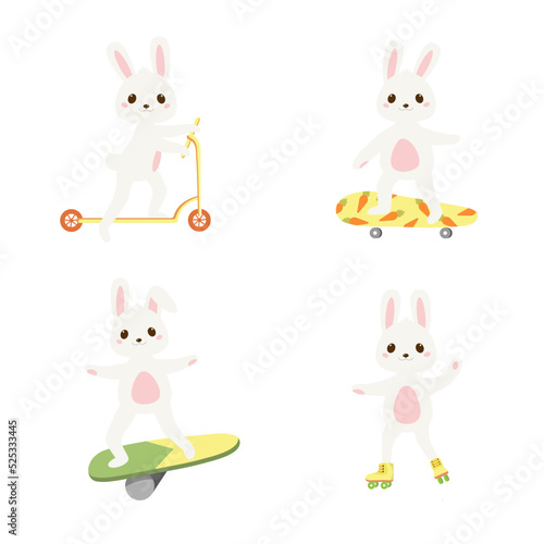 Cute baby rabbit set in cartoon style. Bunny are engaged in outdoor summer activities on a white background.  Vector illustration for designs, prints and patterns. 