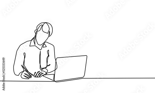 Continuous One Line Drawing of Businessman with Laptop. Man One Line Illustration. Male Line Abstract Portrait. Minimalist Contour Drawing. Vector EPS 10