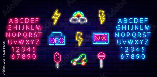 Pop art neon icons collection. Shiny pink and blue alphabet. Retro style. Vector stock illustration