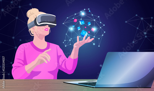 Girl in vr glasses creating drawing wireframe lines by finger. Woman in virtual reality headset working with abstract 3d hologram. Modern graphic design in augmented universe app. Vector illustration