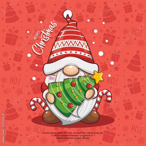 Cute Gnome Santa Claus With Christmas Tree And Candy Cane On Seamless Background. Cute Cartoon Illustration