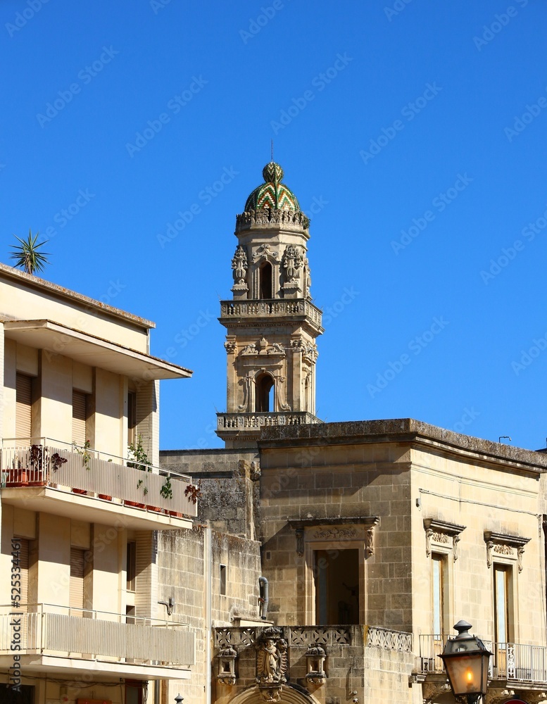 Italy, Salento: Foreshortening of Maglie with the bell tower of Duomo..