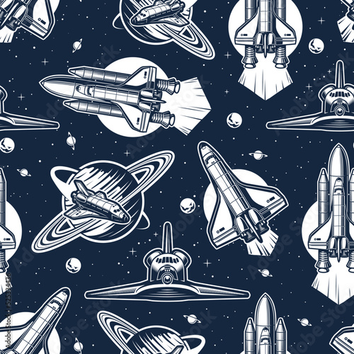 Space shuttle seamless pattern monochrome