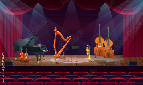 Empty stage with classical instruments. Nobody classic music concert hall by spot lights. Scene in philharmonic audience with black grand piano, violin, cello, harp on empty scene. Vector illustration