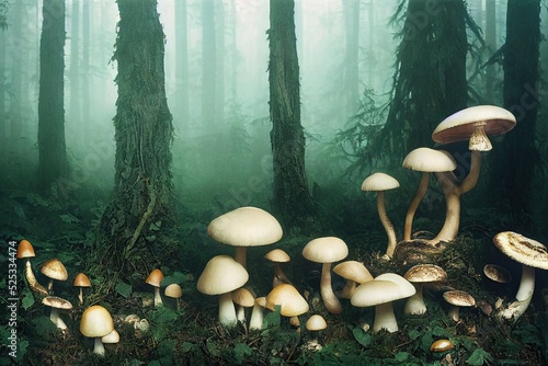 Canvas Print Ancient fairy forest with spooky old knotted trees and mysterious lingering fog - various mushrooms and toadstools grow abundantly in these sacred magical woods