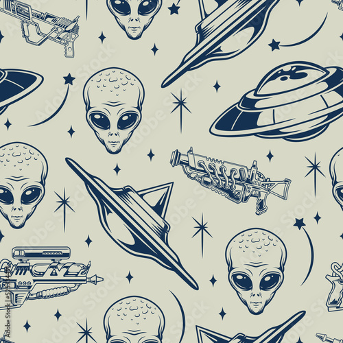 Martians monochrome seamless pattern vintage