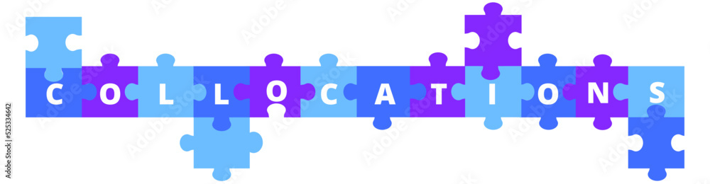 Vector collocations banner. Collocations word on puzzle pieces for English language Vector collocations banner. Collocations word on puzzle pieces for English language