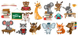 Set of school animals. Cute cartoon pupil characters writing, studying and reading books. Teacher dog with pointer at blackboard, koala at laptop. Back to school. Collection for preschool children