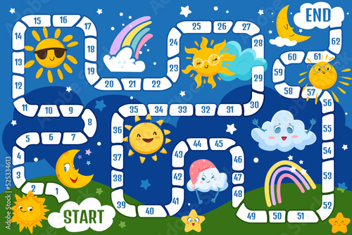 Family board game for children. Kids boardgame with cute weather elements on dark sky. Path, numbers and sun, moon, colorful rainbow, funny cloud and happy star on playing field vector illustration.