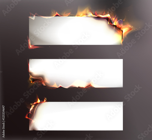 Realistic burnt ripped sheets with scorched borders. Set of smoldering paper pages with fire and black ash on dark background. Charred old pieces of parchment in flame with burned uneven edges.