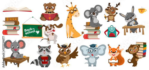 Set of school animals. Cute cartoon pupil characters writing, studying and reading books. Teacher dog with pointer at blackboard, koala at laptop. Back to school. Collection for preschool children