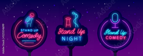 Stand up neon banners collection. Comedy bar signs set. Glowing street billboards pack. Vector stock illustration