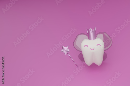 Cute cartoon tooth fairy character 3d render illustration, first tooth loss concept