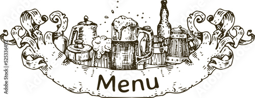 Menu design for a pub or wine bar. Freehand drawing.