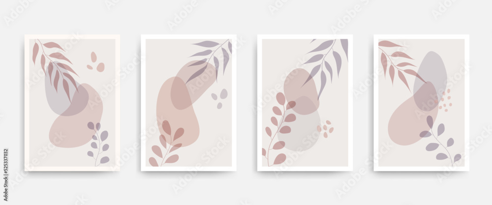 Home decor wall art print vector set. Abstract art background posters with leaves in boho style. Abstract terracotta wall art set for prints, printable, posters. Minimal Mid Century Modern vector