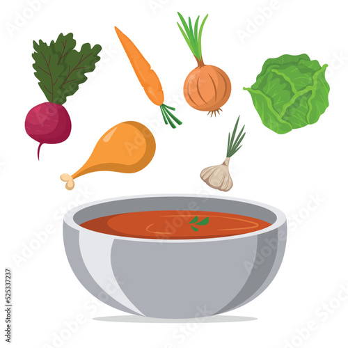 Borscht and ingredients for borscht isolated on white background. flat style