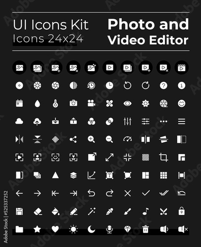 Photo and video editor tools white glyph ui icons set for dark mode. Silhouette symbols for night, day themes. Solid pictograms. Vector isolated illustrations. Montserrat Bold, Light fonts used