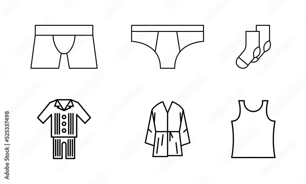 Set of mens night, everyday, bath, underwear.. Vector EPS 10 icons on  white. Night clothin sign. For any purpose Isolated single icon pajamas.  For app, web design, dev, ui, graphic, business. Stock