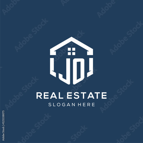 Letter JO logo for real estate with hexagon style photo