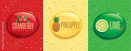 many fresh drops on different colour backgrounds with cranberry, pineapple, lime